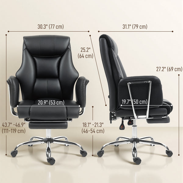 Upholstered reclining office chair with high backrest, faux leather upholstery, footrest, swivel casters, black