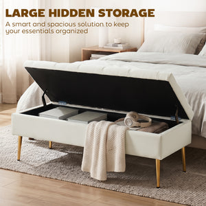 Tufted bedroom bench with gold metal legs and thick padding, beige