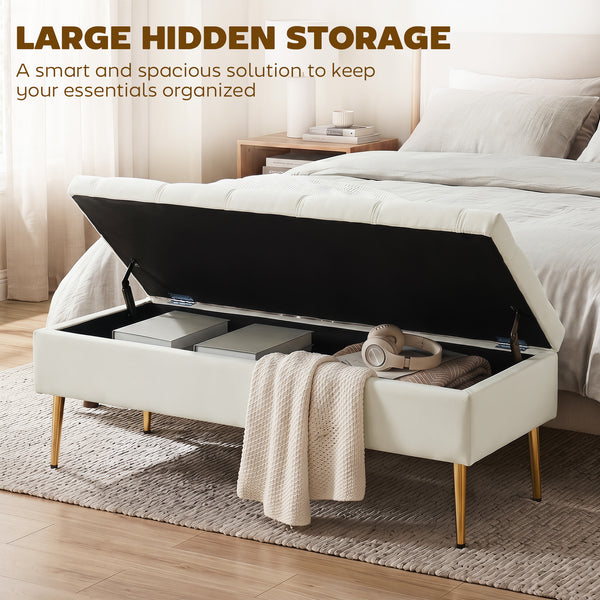 Tufted bedroom bench with gold metal legs and thick padding, beige