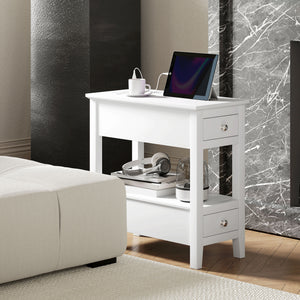 Narrow side table with charging station and USB ports, white