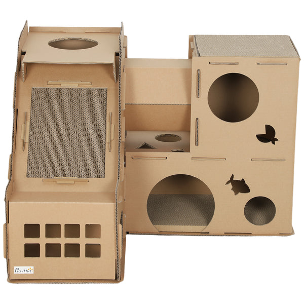 Multi-level corrugated cardboard cat house with scratching posts