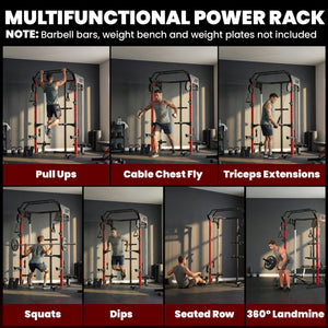 Weight training cage with adjustable pulley system, pull-up bar, dip station, Landmine pull-up bar