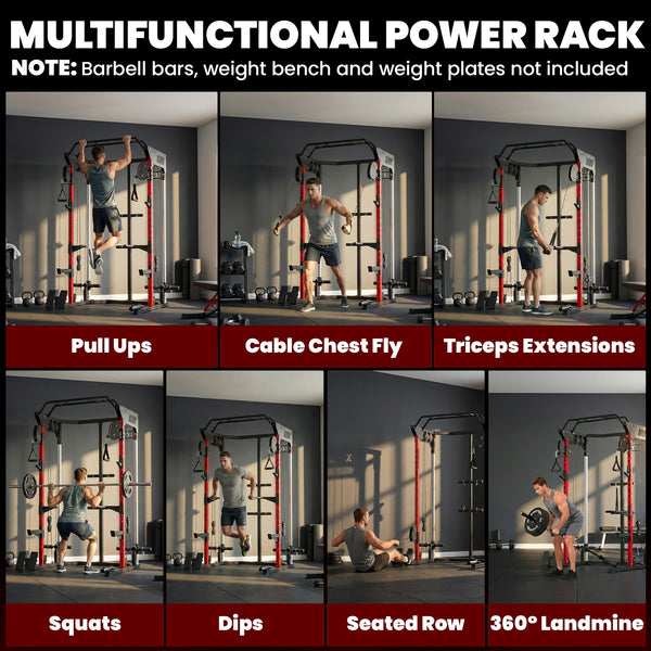 Weight training cage with adjustable pulley system, pull-up bar, dip station, Landmine pull-up bar
