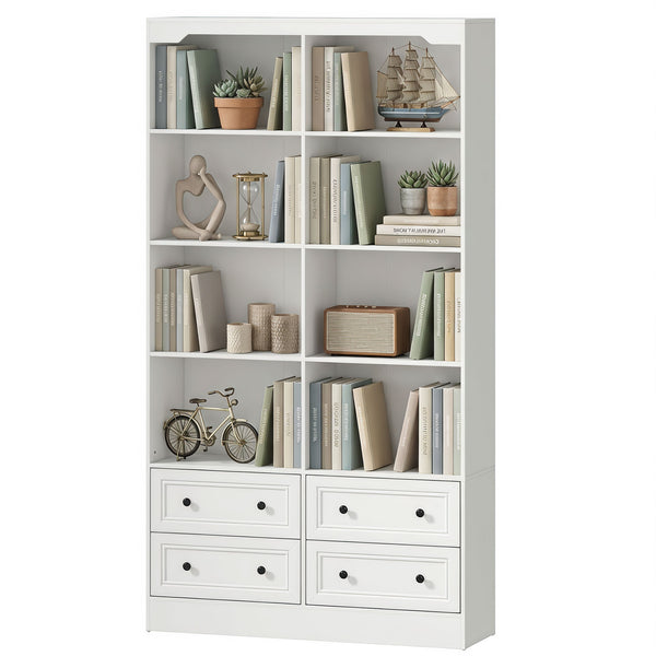 71" White Bookcase with 8 Cubbies and 4 Drawers
