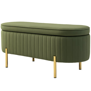 Upholstered tufted bedroom bench with metal legs, dark green