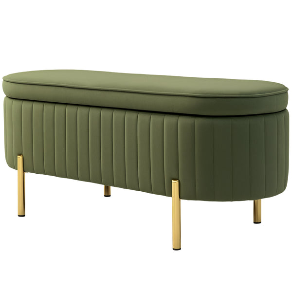 Upholstered tufted bedroom bench with metal legs, dark green
