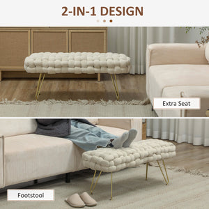 Velvet upholstered bed bench with gold metal legs, cream white
