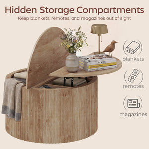 Lift-top round coffee table with hidden storage, natural wood effect