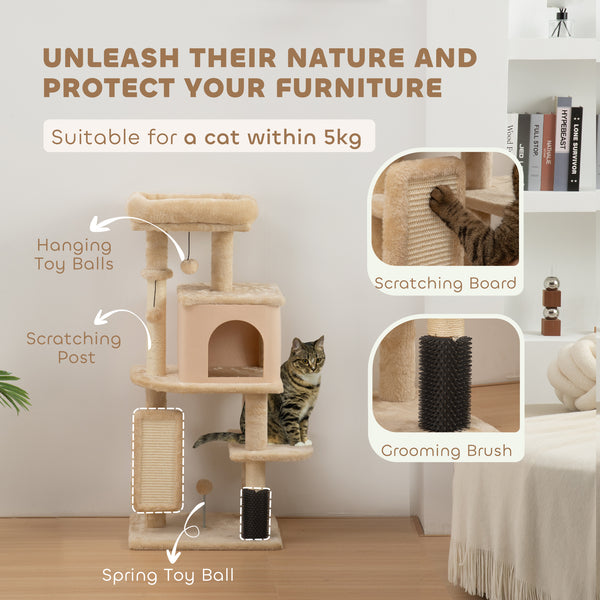 104cm Cat Tree with Scratching Posts, Basket, Hideaway and Jumping Platforms, Beige