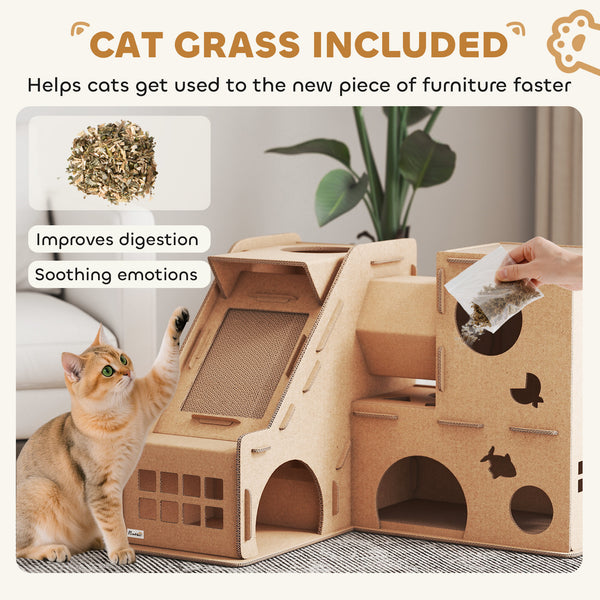 Multi-level corrugated cardboard cat house with scratching posts