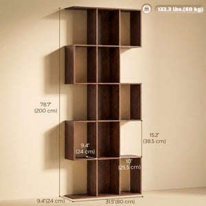 5-Tier Bookcase, S-Shaped Geometric Bookshelf with 15 Compartments, Black Wood Look.