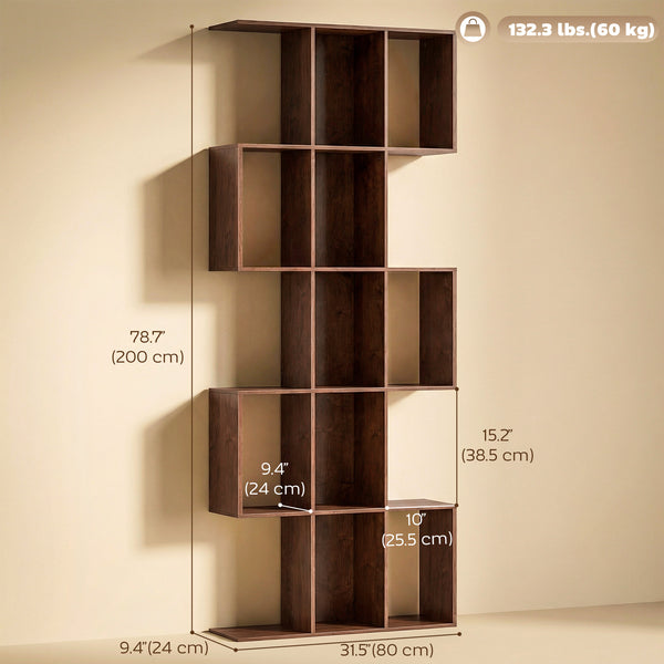 5-Tier Bookcase, S-Shaped Geometric Bookshelf with 15 Compartments, Black Wood Look.