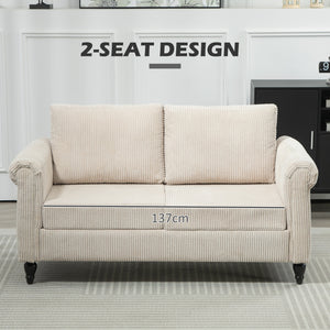 Vintage 2-seater sofa with rolled armrests and rubberwood legs, beige