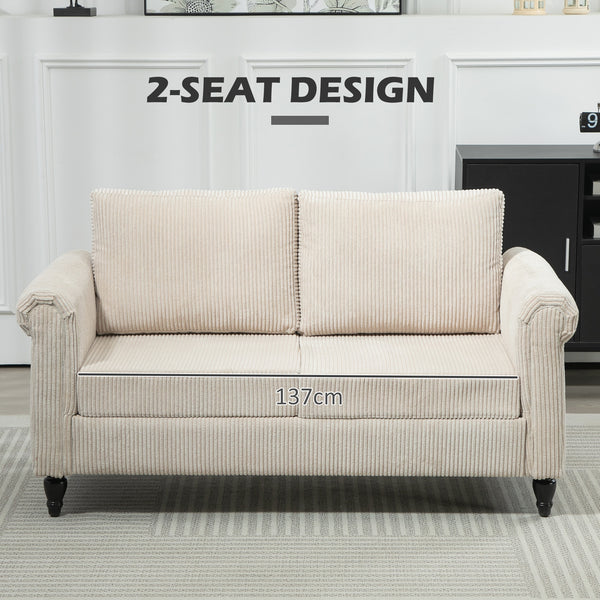 Vintage 2-seater sofa with rolled armrests and rubberwood legs, beige