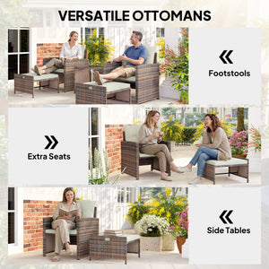 5 Piece Patio Furniture Set, Wicker Patio Chairs with Ottomans, 2-Tier Glass Coffee Table and Cushions, Brown/Cream