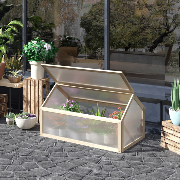 Portable raised garden greenhouse made of natural wood with a hinged lid