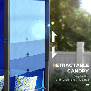 Wicker resin garden furniture set with retractable pergola, blue