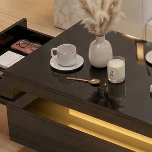 Table basse avec rangement à 2 niveaux et 2 tiroirs pour salon, noir brillant