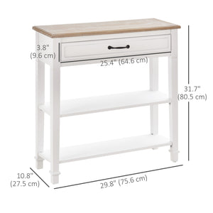 Narrow and modern entrance console with drawer and 2 shelves, white