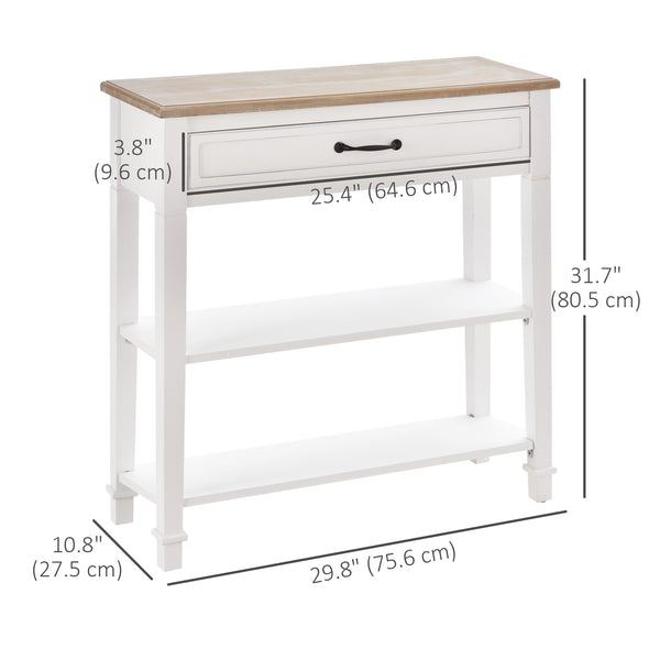 Narrow and modern entrance console with drawer and 2 shelves, white