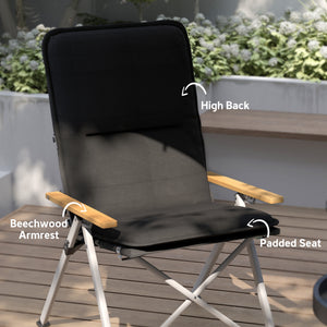 Set of 2 Camping Chairs with Padded Seat and Bag, High Back Outdoor Recliner, Black