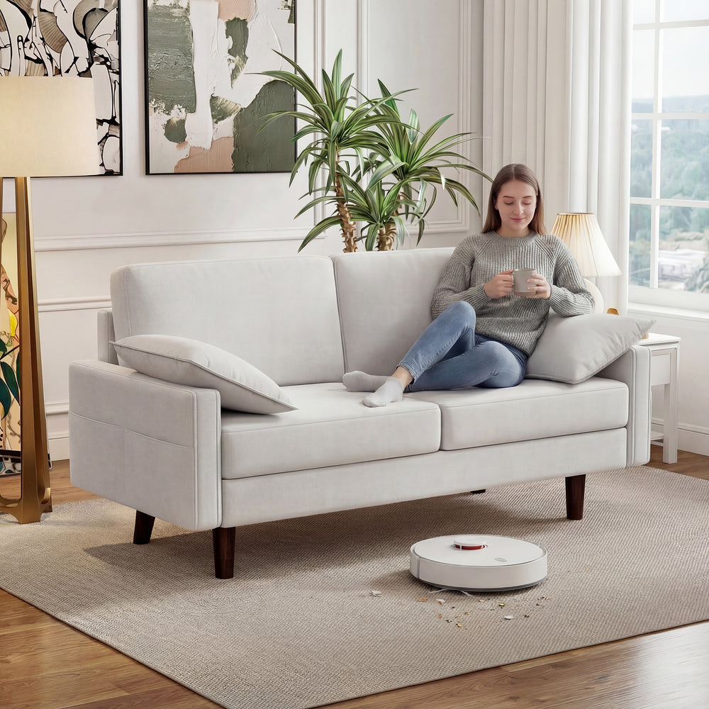 3-seater sofa, velvet upholstery, spring cushions, hevea wood legs and 2 cushions, cream white