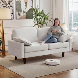 3 Seater Sofa, Velvet Upholstered Couch with Spring Cushions, Rubber Wood Legs and 2 Pillows, Cream White