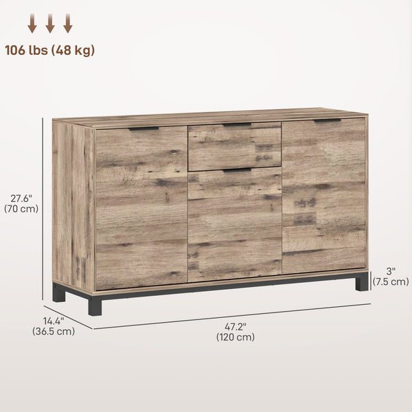 Industrial Sideboard with 3 47" Doors, Drawer and 2 Adjustable Shelves for Living Room, Brown Wood Grain