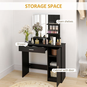 Dressing table with mirror, drawer, open compartment and shelves, black