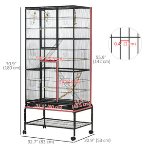 Bird Cage with Wheels, Perches, Ramp, Storage Shelf, Toys for Canaries, Finches, Cockatiels and Parakeets, Black