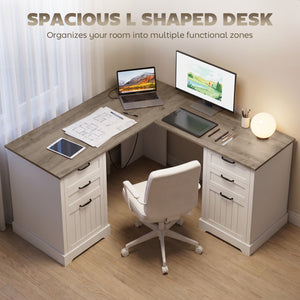 L-shaped desk with 6 drawers with outlets and USB, white and brown