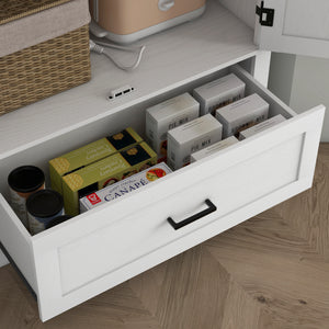 Country style pantry cabinet with 2 doors, drawer and adjustable shelves, white