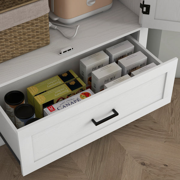Country style pantry cabinet with 2 doors, drawer and adjustable shelves, white