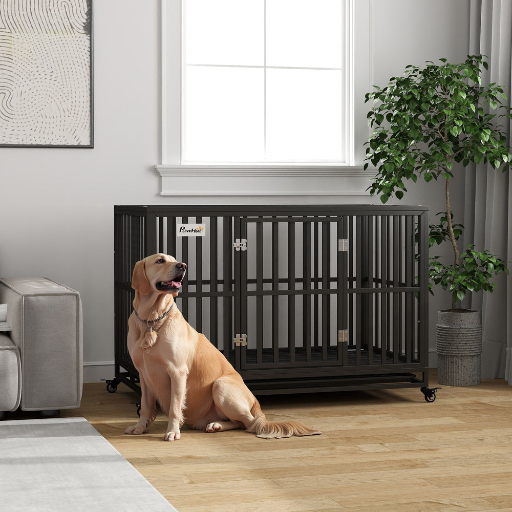 49" Heavy-Duty Steel Dog Crate with Wheels, Black