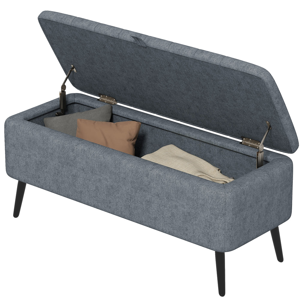 Linen Upholstered Storage Ottoman Bench with Steel Legs, Dark Grey