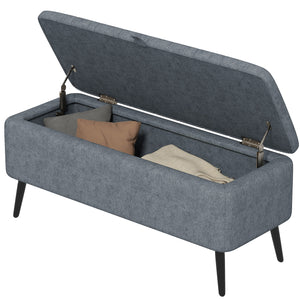 Linen Upholstered Storage Ottoman Bench with Steel Legs, Dark Grey