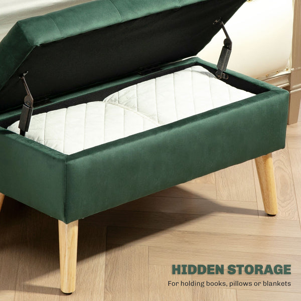 Storage ottoman with velvet upholstered lid and wooden legs, dark green