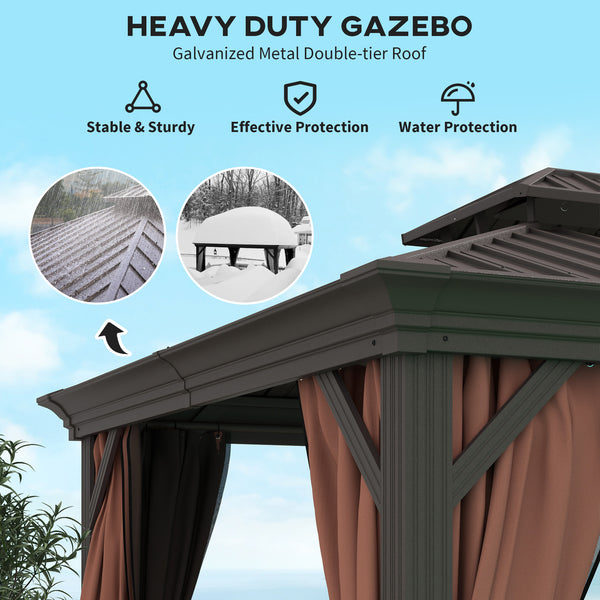 10' x 12' Hardtop Gazebo with Galvanized Canopy and Mesh Sidewalls for Lawn and Garden, Dark Brown 