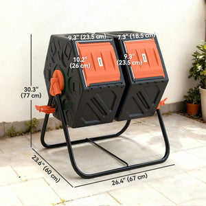 Rotating double-compartment composter with 24 ventilation holes and steel legs, 130 litres, orange