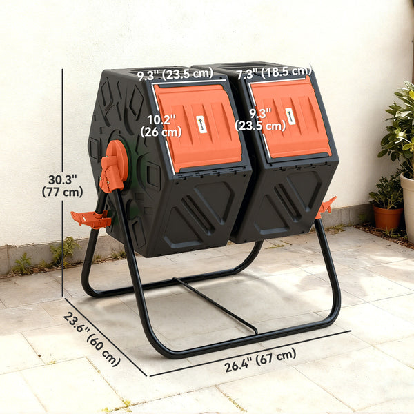 Rotating double-compartment composter with 24 ventilation holes and steel legs, 130 litres, orange