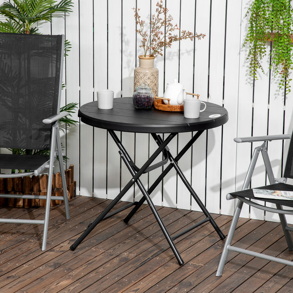 Round folding patio table with HDPE top and steel frame, dark grey