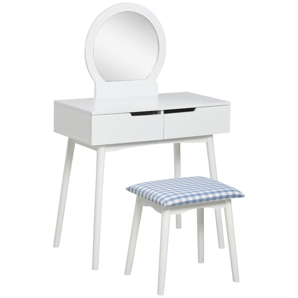 Dressing table with round mirror and 2 drawers, padded stool, white 