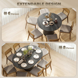 Extendable kitchen table for 6 to 8 people, farmhouse style, with a pedestal base and black wood finish.