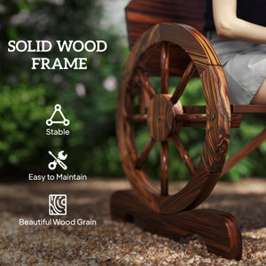 Two-seater wooden outdoor bench with wagon wheel shaped armrests