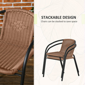 3-Piece Wicker Furniture Set with 2 Stacking Chairs and Tempered Glass Coffee Table, Brown