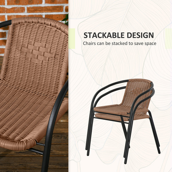 3-Piece Wicker Furniture Set with 2 Stacking Chairs and Tempered Glass Coffee Table, Brown