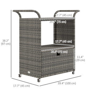 PE resin wicker garden service trolley with 2-tier shelf, heather grey