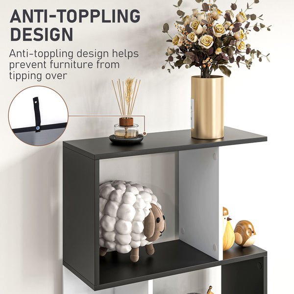 Modern 5-tier bookcase with divider, black and white