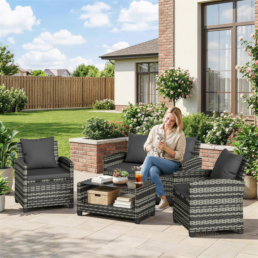 4-piece wicker resin conversation set with a two-seater sofa, chairs and a two-tier table with cushions, dark gray.