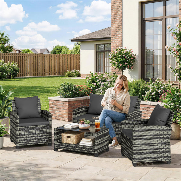 4-piece wicker resin conversation set with a two-seater sofa, chairs and a two-tier table with cushions, dark gray.